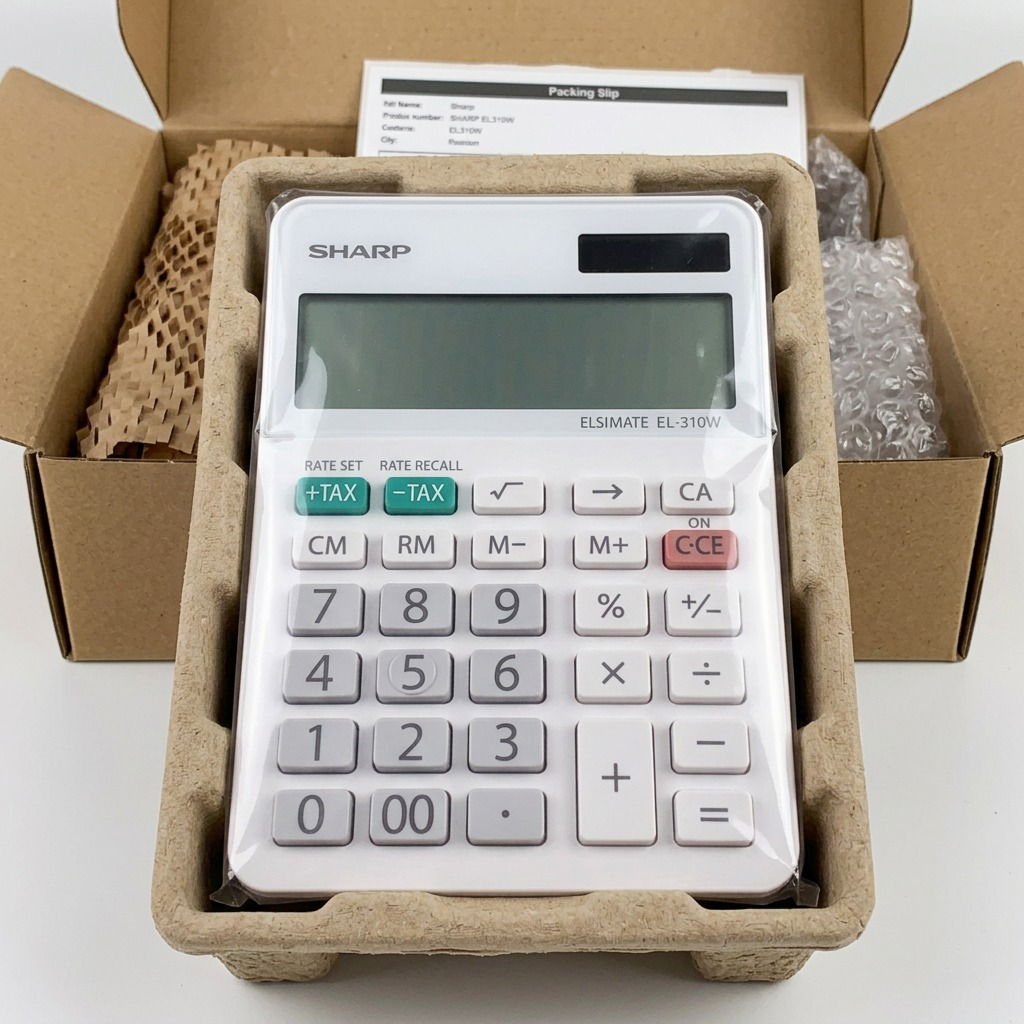 A premium unboxing scene shows a Sharp EL310W calculator and manual securely protected in molded pulp and protective film.