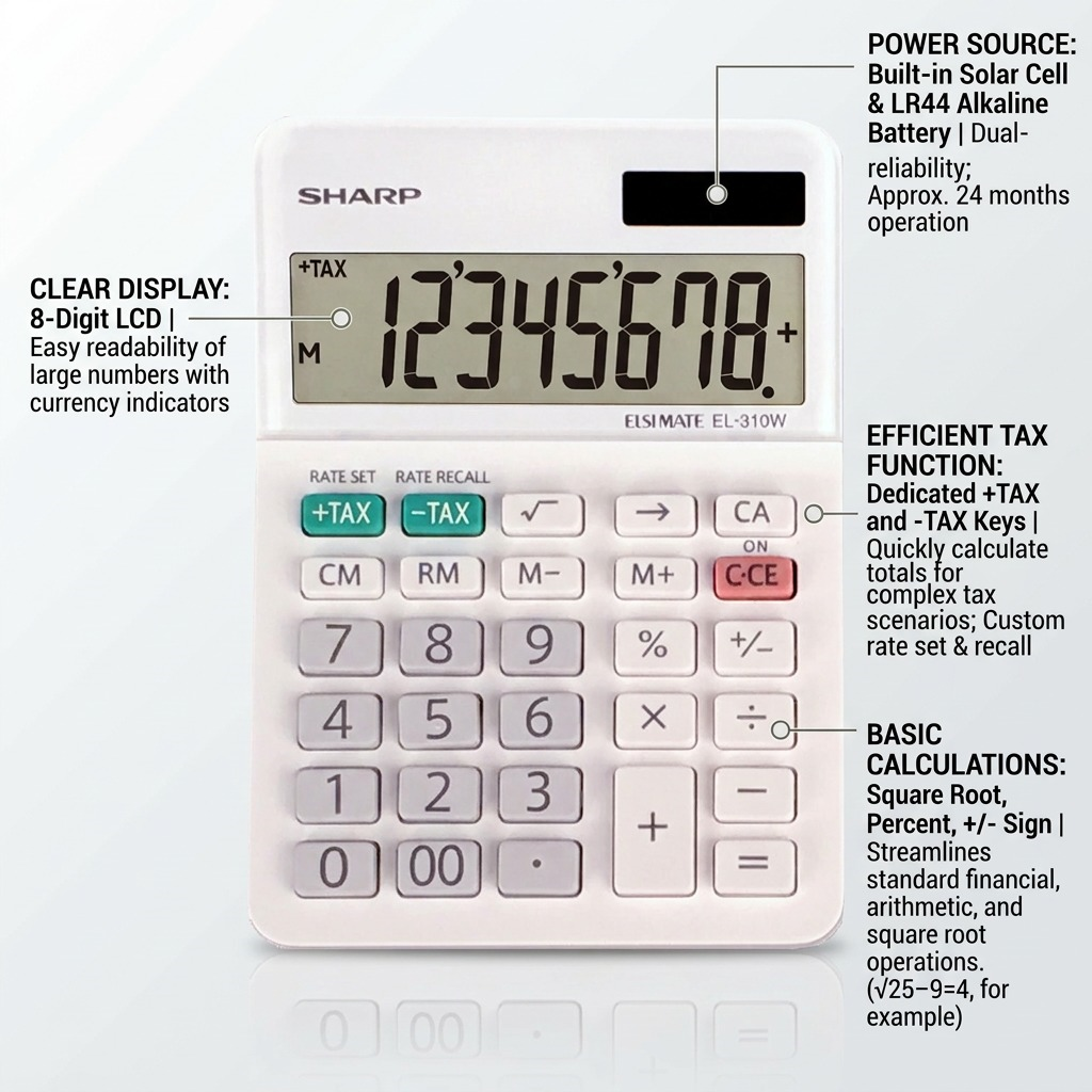 Ecommerce feature infographic of the white Sharp EL310W 8-digit Mini-desktop Calculator, highlighting key technical benefits like tax keys and battery life.