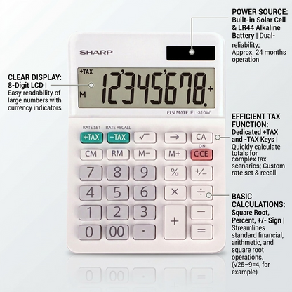 Ecommerce feature infographic of the white Sharp EL310W 8-digit Mini-desktop Calculator, highlighting key technical benefits like tax keys and battery life.