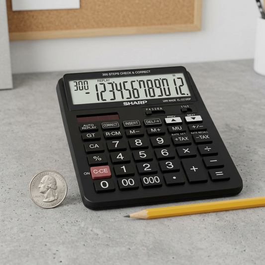A scale reference photo showing the large black SHARP El-CC12GP calculator beside a standard size US quarter.