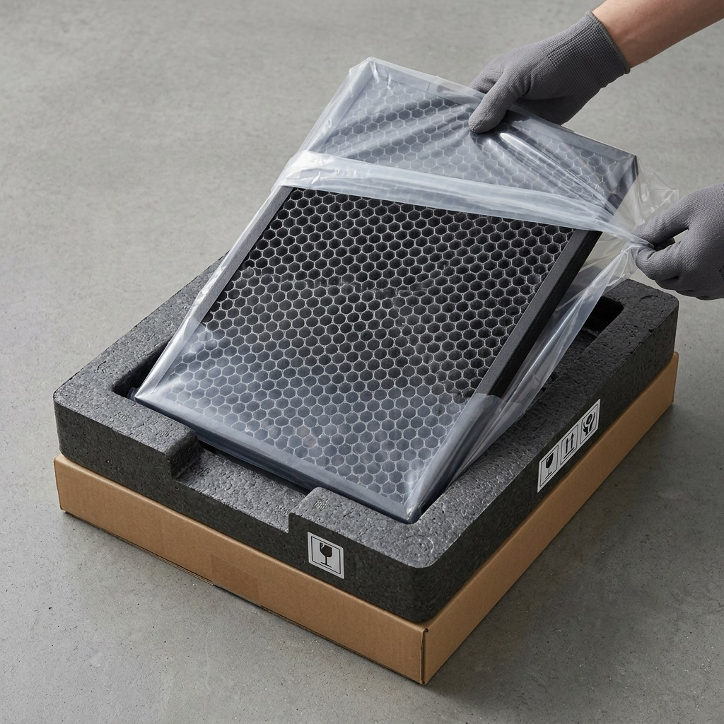 A close-up photograph shows a sharp SHARP FZJ80DFU carbon filter safely removed from protective shipping foam inside a brown cardboard box, ready for installation.