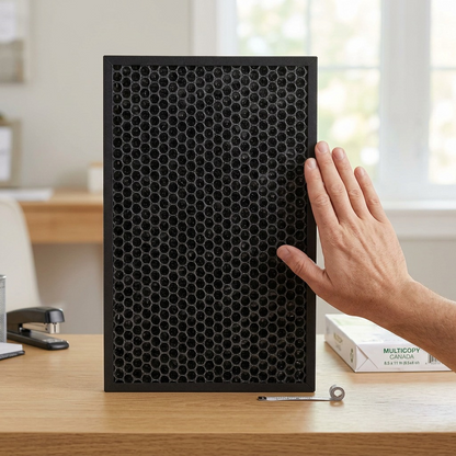 A professional photo showing a framed Sharp FZJ80DFU carbon filter next to a human hand for scale reference on a desk.