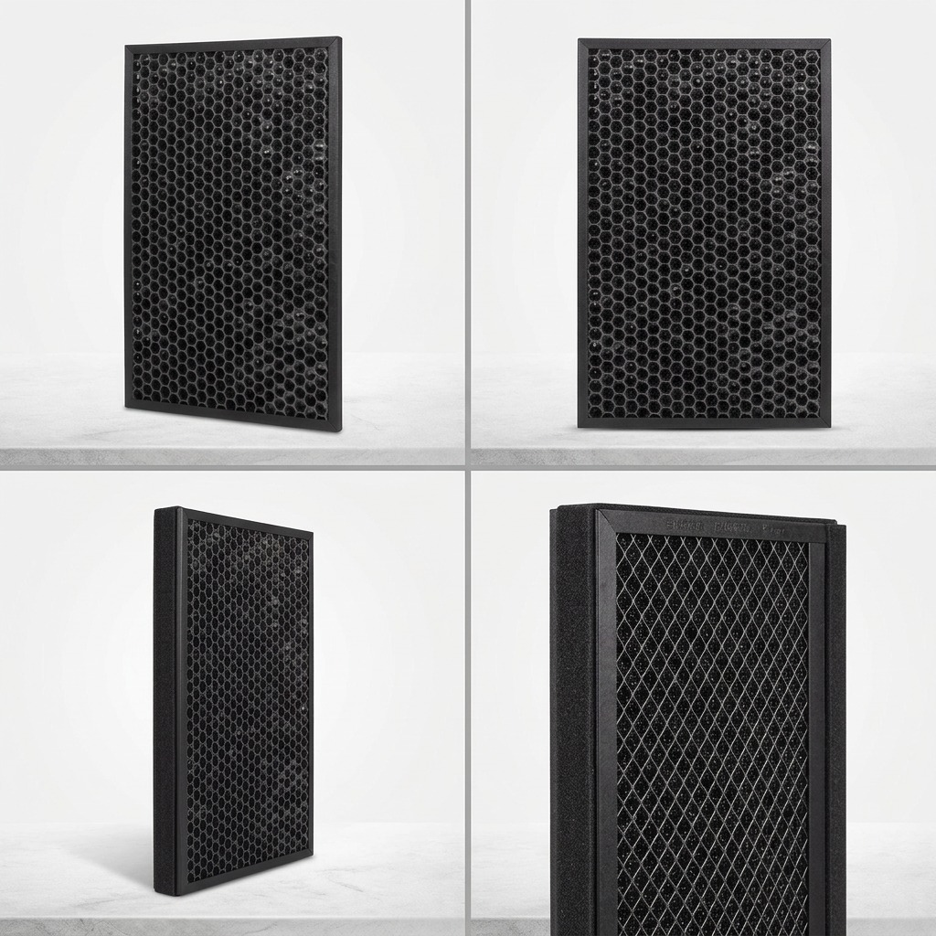 A premium ecommerce matrix presenting four views of the SHARP FZJ80DFU carbon filter.