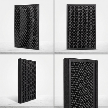 A premium ecommerce matrix presenting four views of the SHARP FZJ80DFU carbon filter.