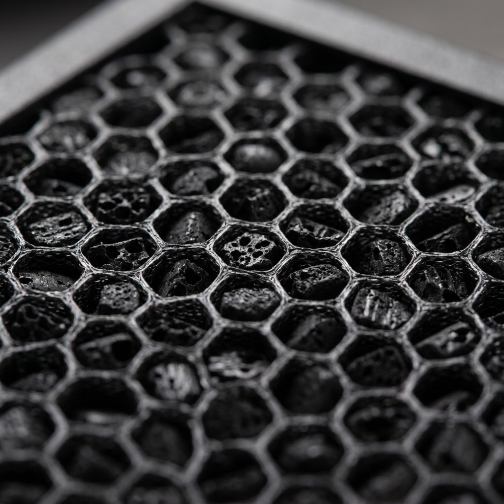 A detailed macro view showcasing the precise hexagonal structure and dense porousness of the SHARP activated carbon filter material.