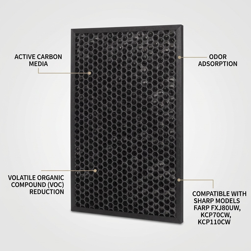 SHARP FZJ80DFU active carbon filter feature callout graphic with compatible models and benefits listed.