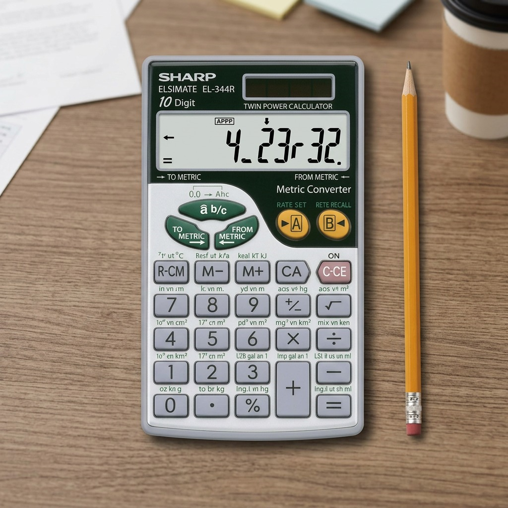 A Sharp EL344R calculator sits next to a classic wooden pencil on a wooden desk.