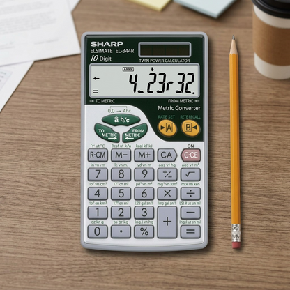 A Sharp EL344R calculator sits next to a classic wooden pencil on a wooden desk.