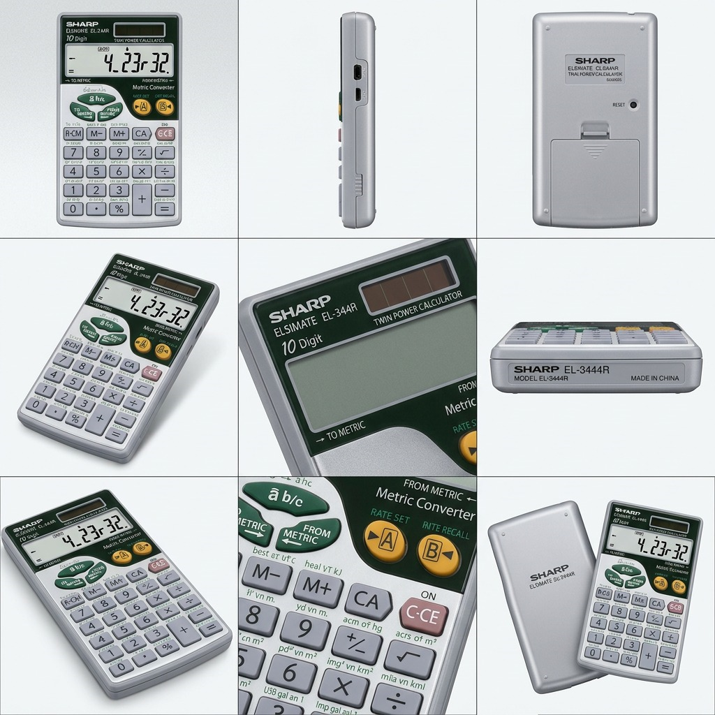 An ecommerce matrix displaying the SHARP EL344R calculator from multiple angles on clean backgrounds.
