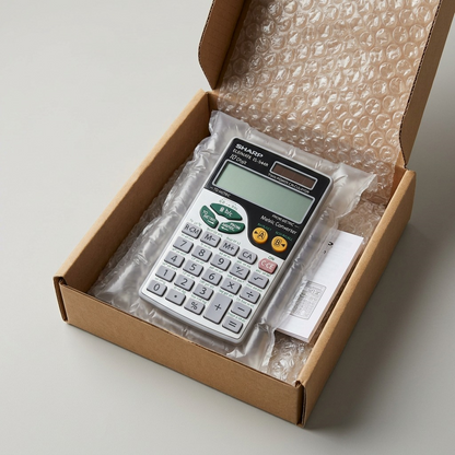 Unboxing a new Sharp EL344R calculator from its secure, cushioned shipping box.