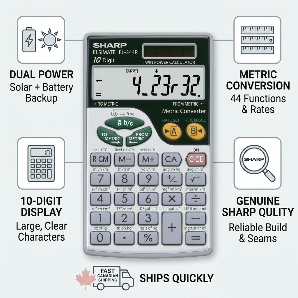 SHARP EL-344R calculator infographic showcasing dual power, metric conversions and quality design.