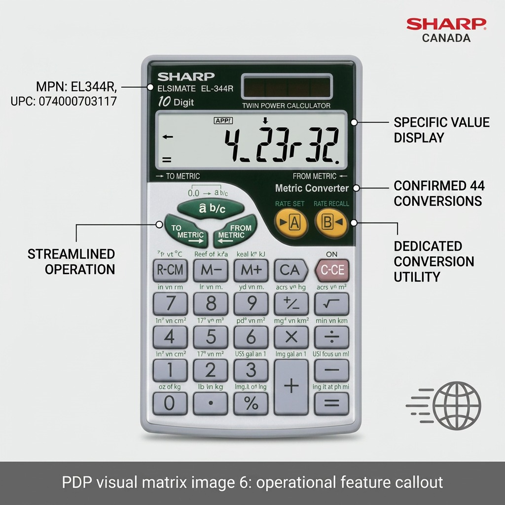 A detailed operational feature callout visual for the Sharp EL-344R calculator showcasing its 44 metric conversion functions.