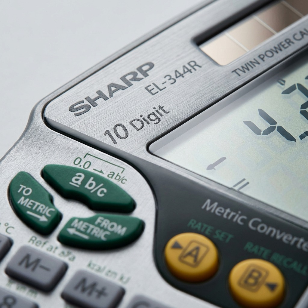 Macro detail of the Sharp EL344R calculator showcasing the texture and print of conversion keys.