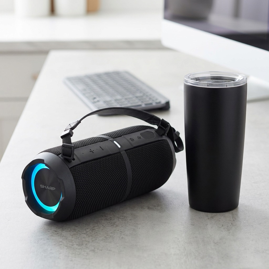 A photorealistic desk scene showing a SHARP GX-BT390 speaker beside a standard black travel tumbler for scale.