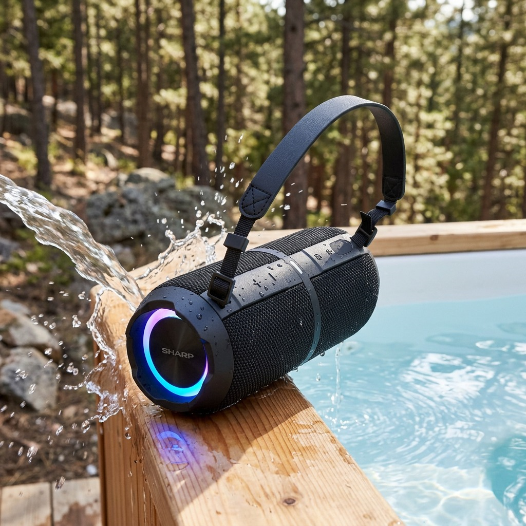 A waterproof Sharp speaker on a wooden dock with water splashing, RGB lights, in a natural forest setting.