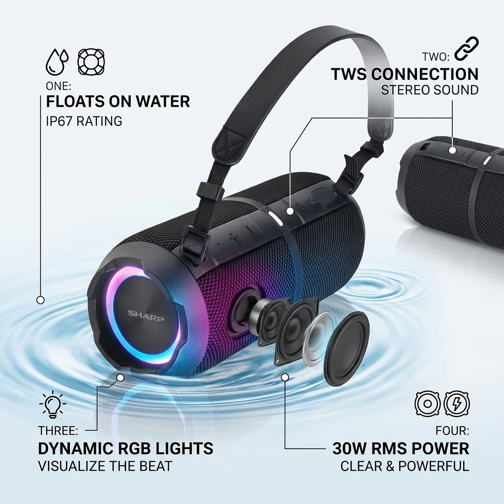 Feature infographic highlighting operational points: IP67 Waterproof/Floats, TWS Stereo, RGB Light modes.