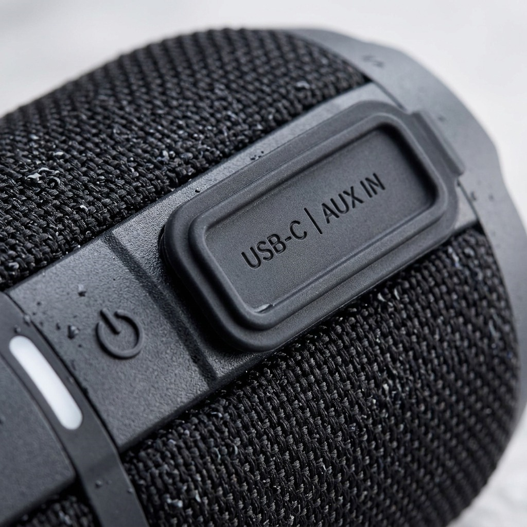 Macro detail of the waterproof connections and fabric mesh on the black GX-BT390 speaker.