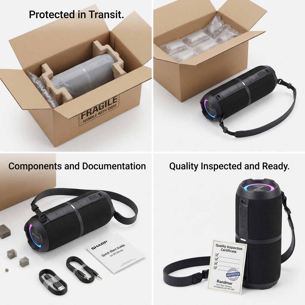 SHARP Bluetooth speaker unboxing sequence showing transit padding, cables, and inspected certification.