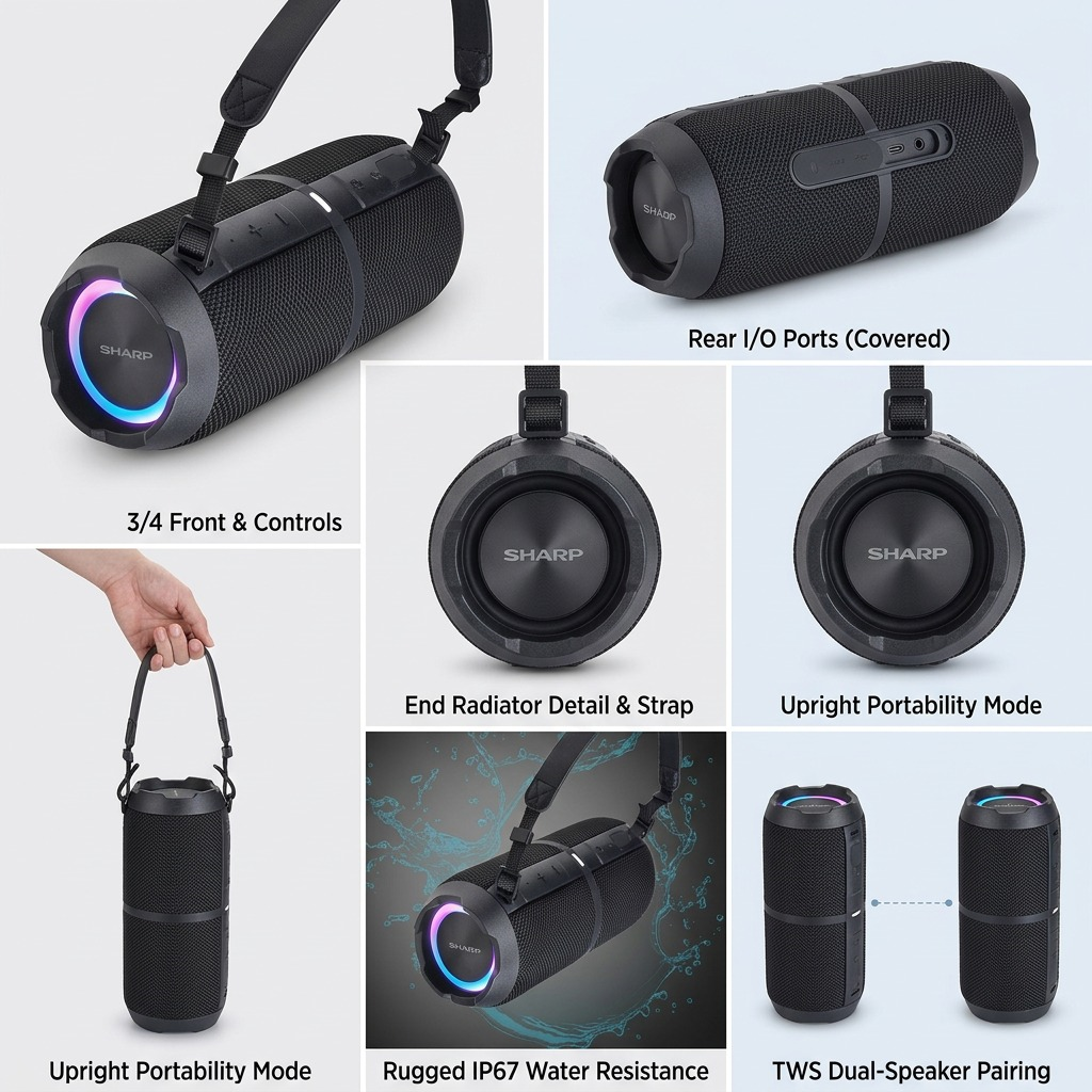 Product matrix image showing four consistent view angles of the Sharp GX-BT390 speaker.