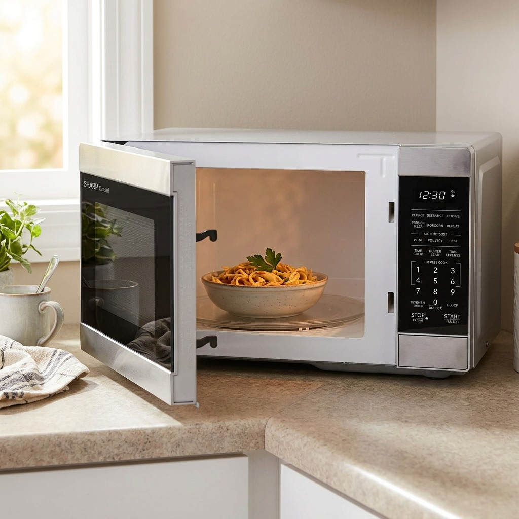 SHARP microwave (SMC0762KSC) heats leftovers on a kitchen counter, with natural light and props.