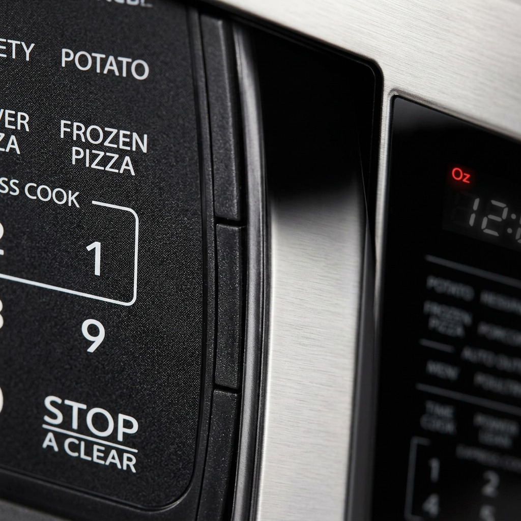 A macro view of the microwave keypad shows tactile buttons and brushed stainless steel details.