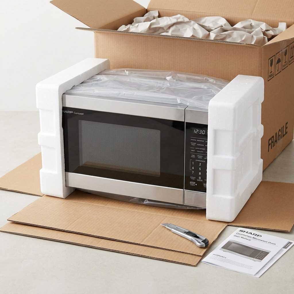 Premium unboxing scene of the SHARP SMC0762KSC microwave from protective shipping materials.