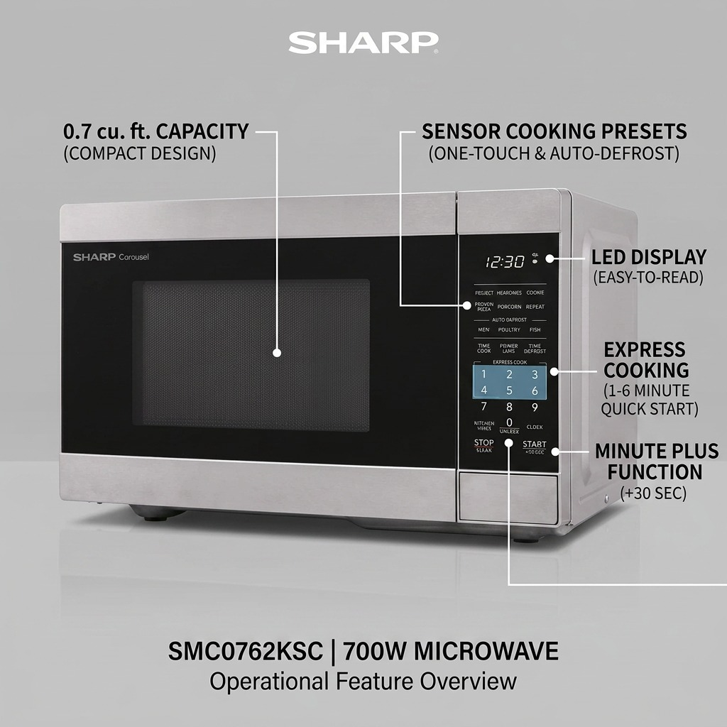 A marketing image showing the technical features and corresponding user benefits of the Sharp SMC0762KSC microwave.