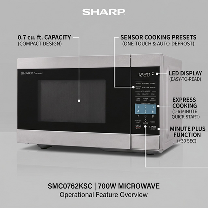A marketing image showing the technical features and corresponding user benefits of the Sharp SMC0762KSC microwave.