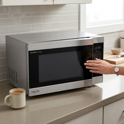 A wide shot of the Sharp Carousel XL microwave on a kitchen counter next to a woman's hand and a standard mug for scale.