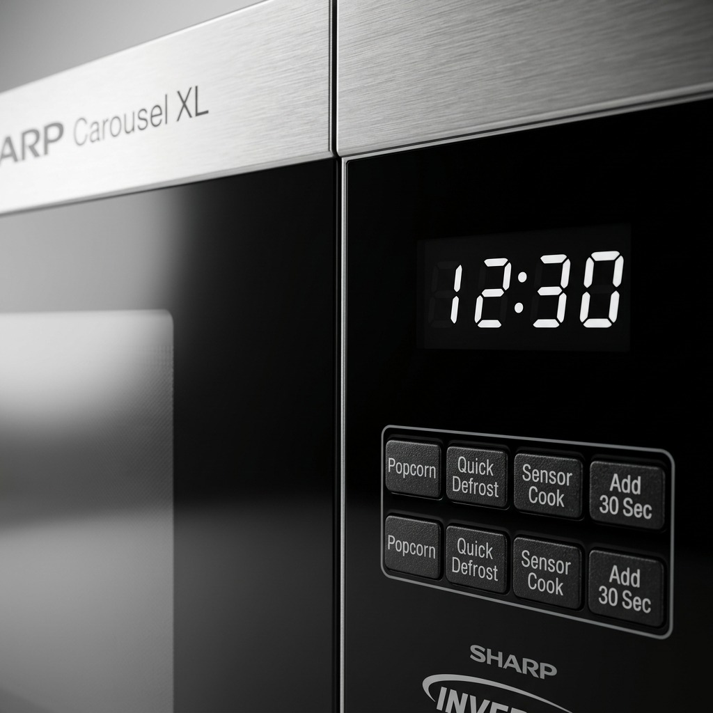 A close-up photograph of the SHARP SMC2264KSC microwave control panel showing the digital display and key buttons.
