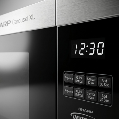 A close-up photograph of the SHARP SMC2264KSC microwave control panel showing the digital display and key buttons.
