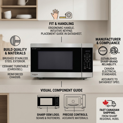Informative trust infographic for the Sharp SMC2264KSC microwave showing key features, materials, and fast Canadian shipping.