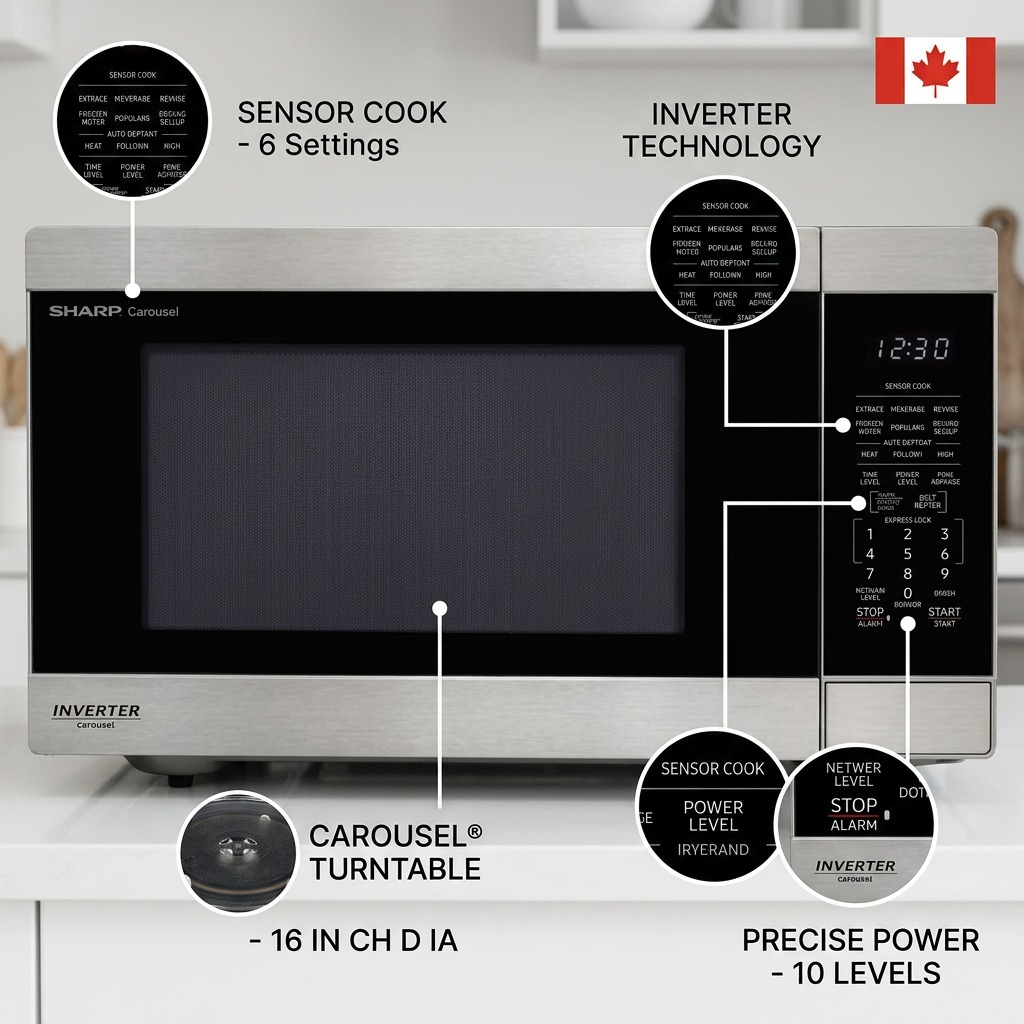 Feature graphic of SHARP SMC2264KSC microwave showing Inverter, Sensor Cook, Carousel, and 10 power levels.