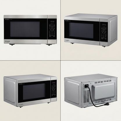 A premium ecommerce grid matrix displaying the SHARP SMC2264KSC microwave from four angles.