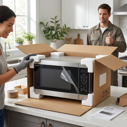 Alt Text: A man wearing work gloves smiles and opens a reinforced cardboard box, revealing a pristine SHARP countertop microwave oven secured with custom foam inserts.