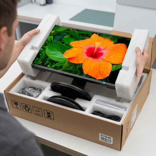 Secure unboxing of the SHARP/NEC E271N-BK monitor, nestled in custom protective foam.