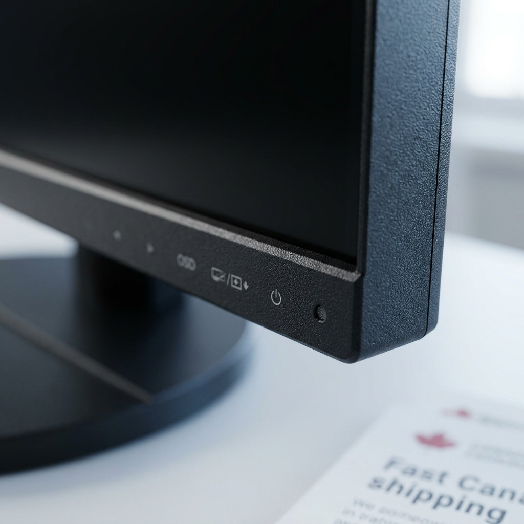 A close-up of the textured plastic bezel on a desktop monitor's lower right corner showing OSD icons.