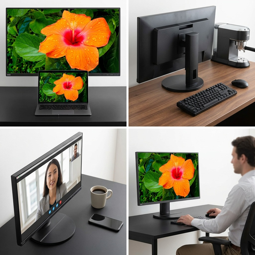 A 3/4 view photograph of the SHARP/NEC E271N-BK 27-inch narrow-bezel monitor resting on a modern desk beside an open 13-inch laptop, clearly illustrating its size and scale. The screen displays a vivid image.