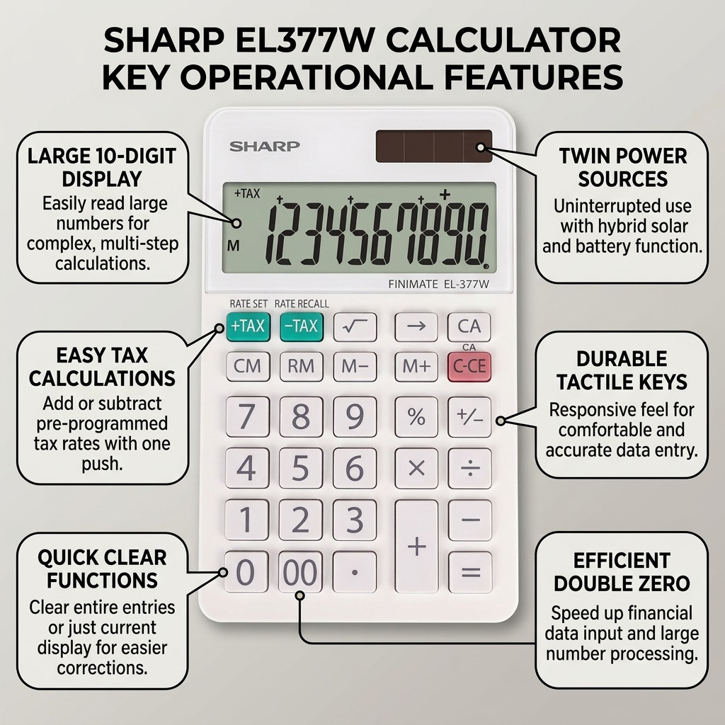 A feature callout graphic for the SHARP EL377W calculator, detailing its operational functions like tax calculation, square root, and twin power system, with short benefit-driven labels.