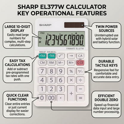 A feature callout graphic for the SHARP EL377W calculator, detailing its operational functions like tax calculation, square root, and twin power system, with short benefit-driven labels.