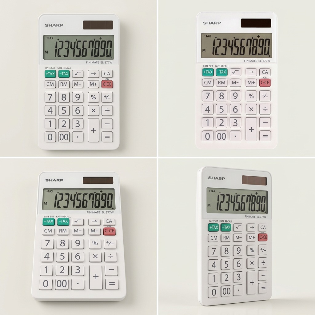 A premium ecommerce matrix showing the SHARP EL377W calculator from multiple clean angles in a grid.