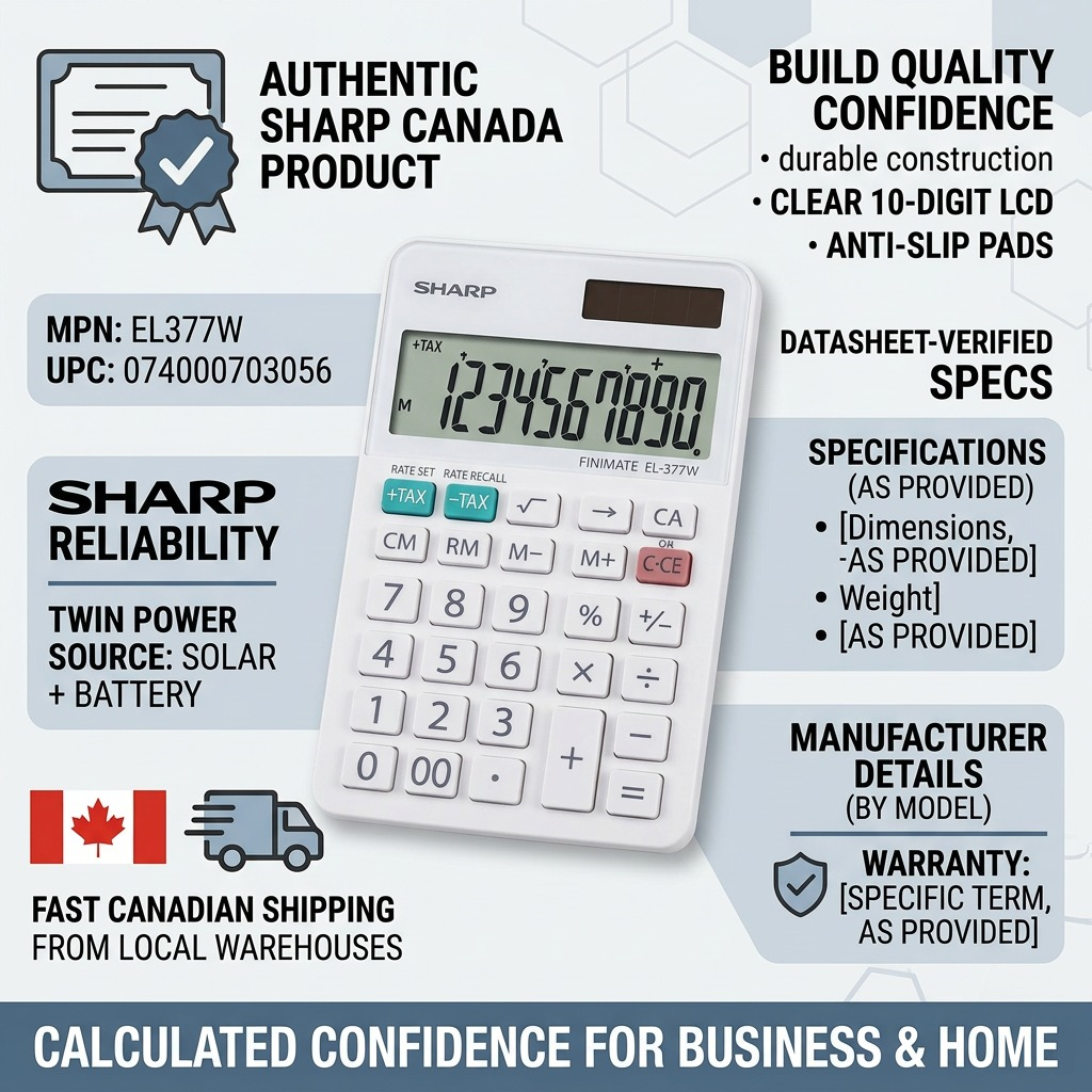 A trust infographic for the SHARP EL377W calculator featuring technical specifications, build icons, and fast Canadian shipping info.