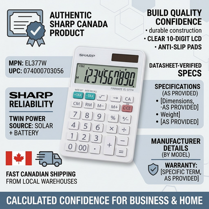 A trust infographic for the SHARP EL377W calculator featuring technical specifications, build icons, and fast Canadian shipping info.