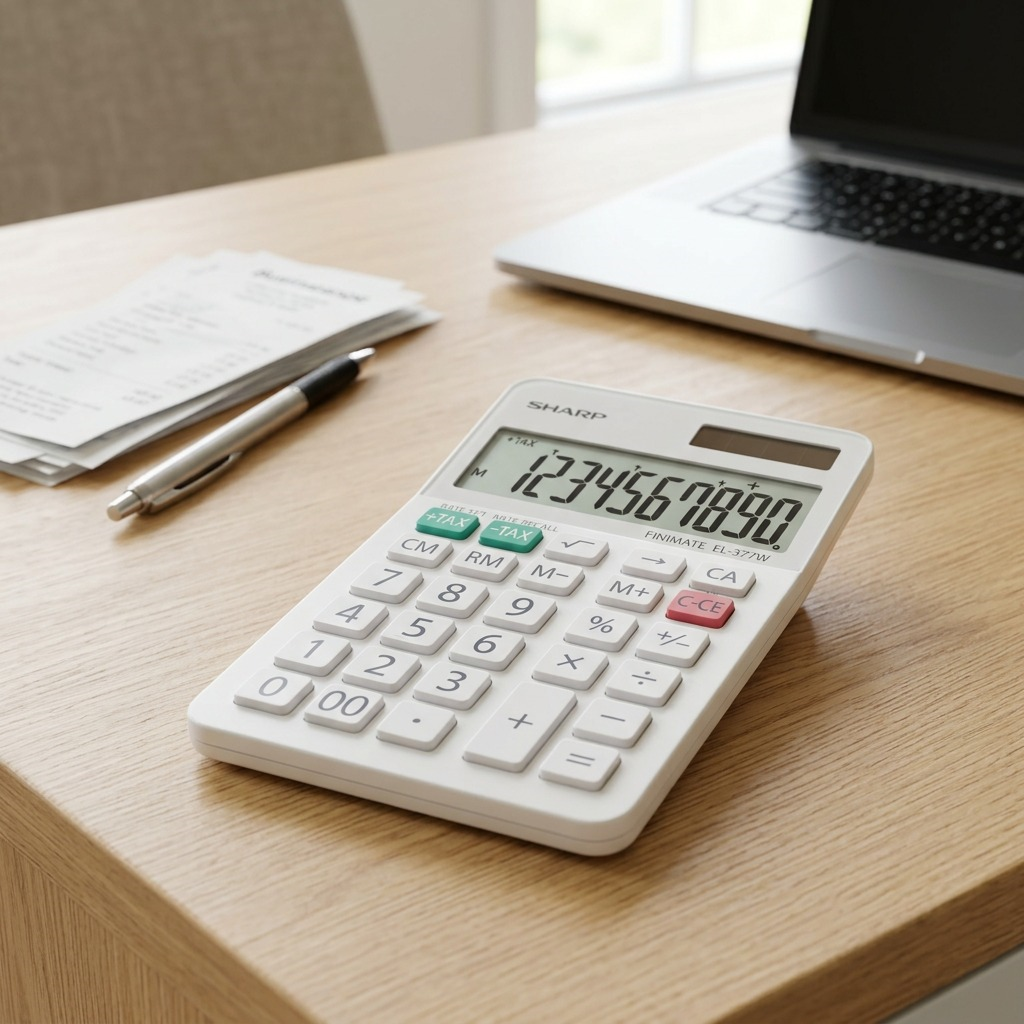 A lifestyle photo of the SHARP EL377W calculator on a clean oak desk.
