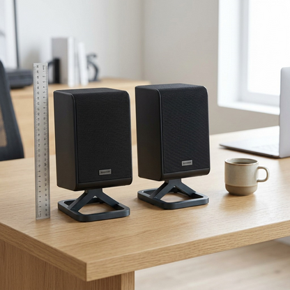 A size comparison of the HT-SPR52021-BK wireless surround speakers beside a standard ruler, coffee mug, and smartphone.