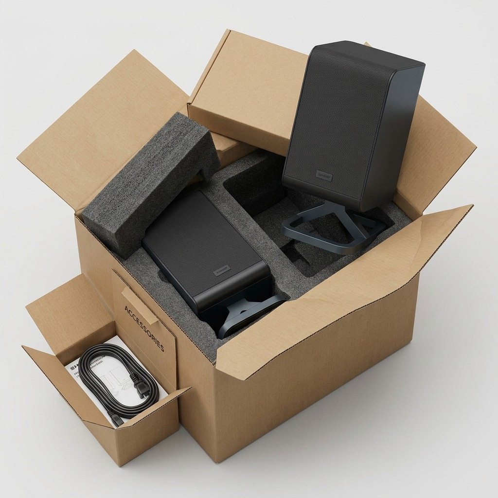 A premium unboxing scene shows the two Sharp surround speakers from image_0.png nestled in protective, form-fitted EPE foam inside a durable shipping box, with a padded accessory box nearby.
