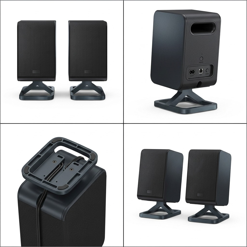 A four-panel grid showing the HT-SPR52021-BK speakers from front, rear, right-angle, and bottom-up perspective.