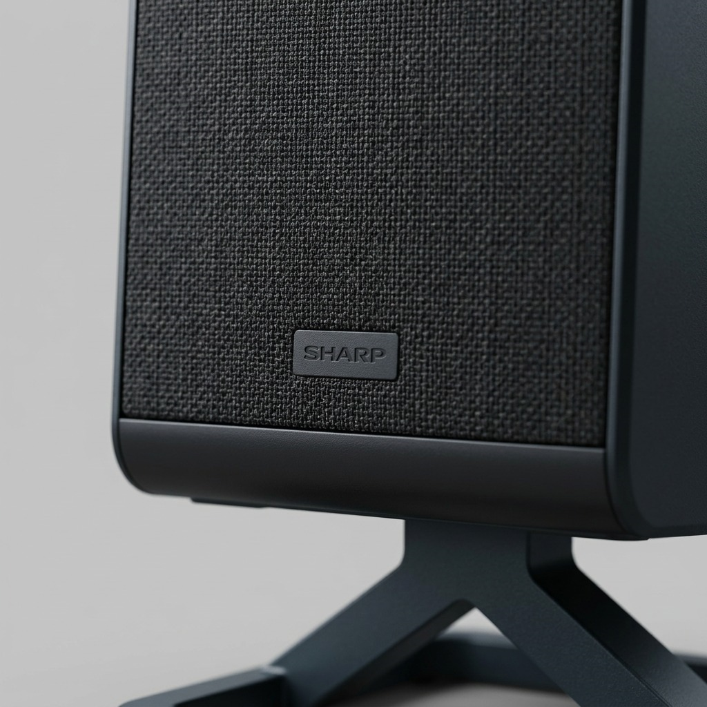 Macro photo of SHARP HT-SPR52021-BK speaker showcasing detailed grille fabric and embossed logo.