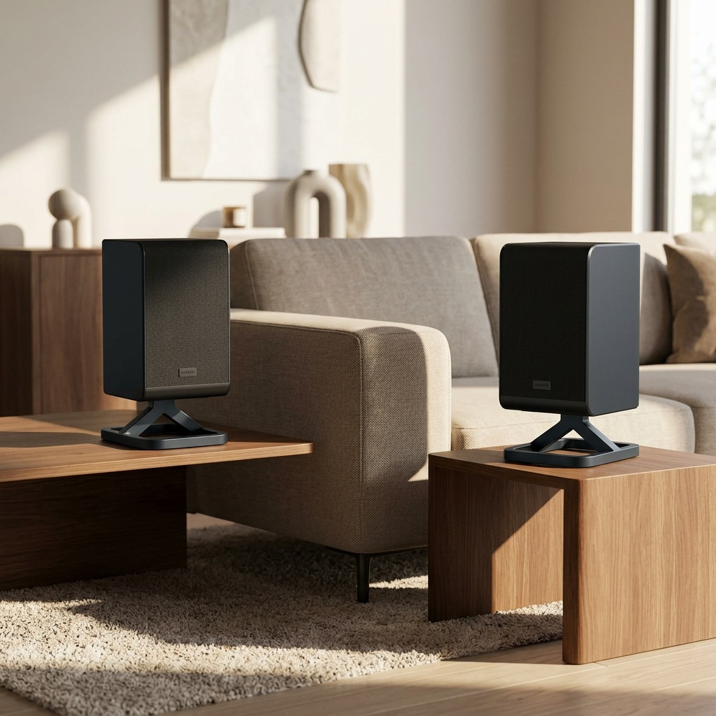 A clean lifestyle photograph of the two Sharp HT-SPR52021-BK wireless rear surround speakers, identical to image_0.png, placed on modern wooden side tables in a living room, positioned on either side of an upholstered sofa, perfectly maintaining product details.