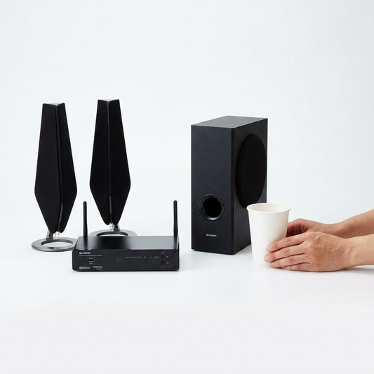A photorealistic scale reference image showing the Sharp HT-SPW135 2.1ch home theatre system alongside human hands and a coffee cup for size.